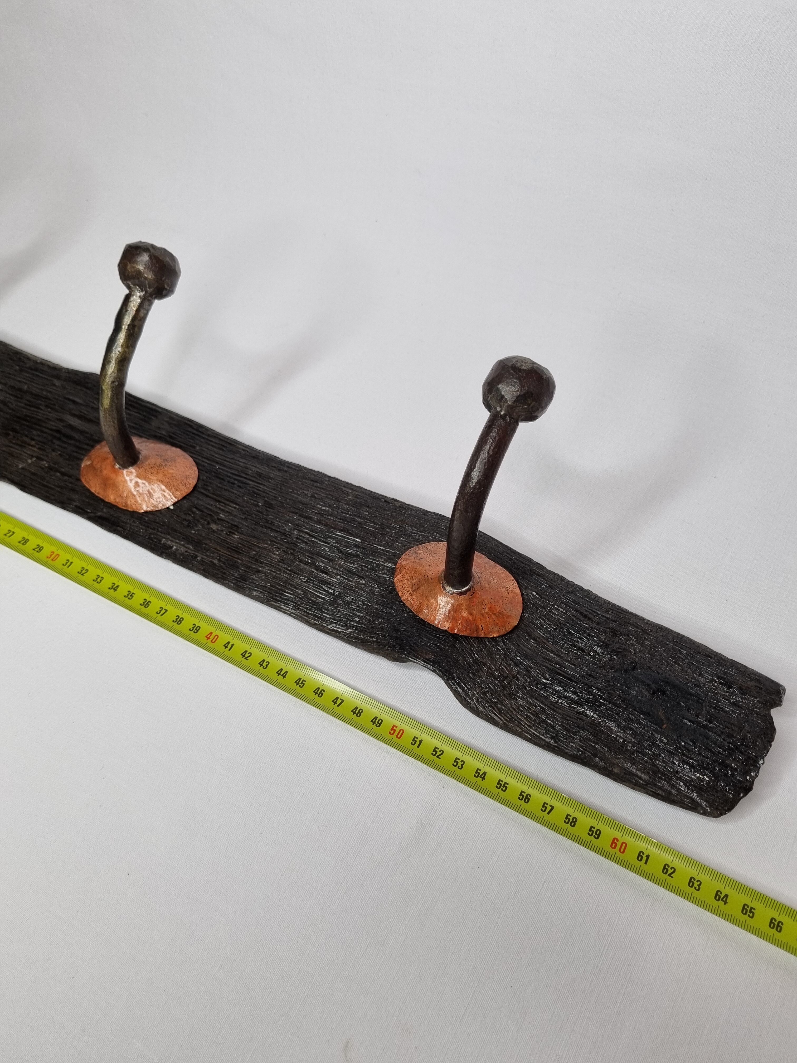 Handcrafted wall coat rack in driftwood, copper and forged steel, 3 hooks, 63 cm