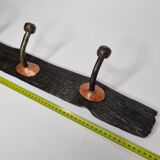 Handcrafted wall coat rack in driftwood, copper and forged steel, 3 hooks, 63 cm