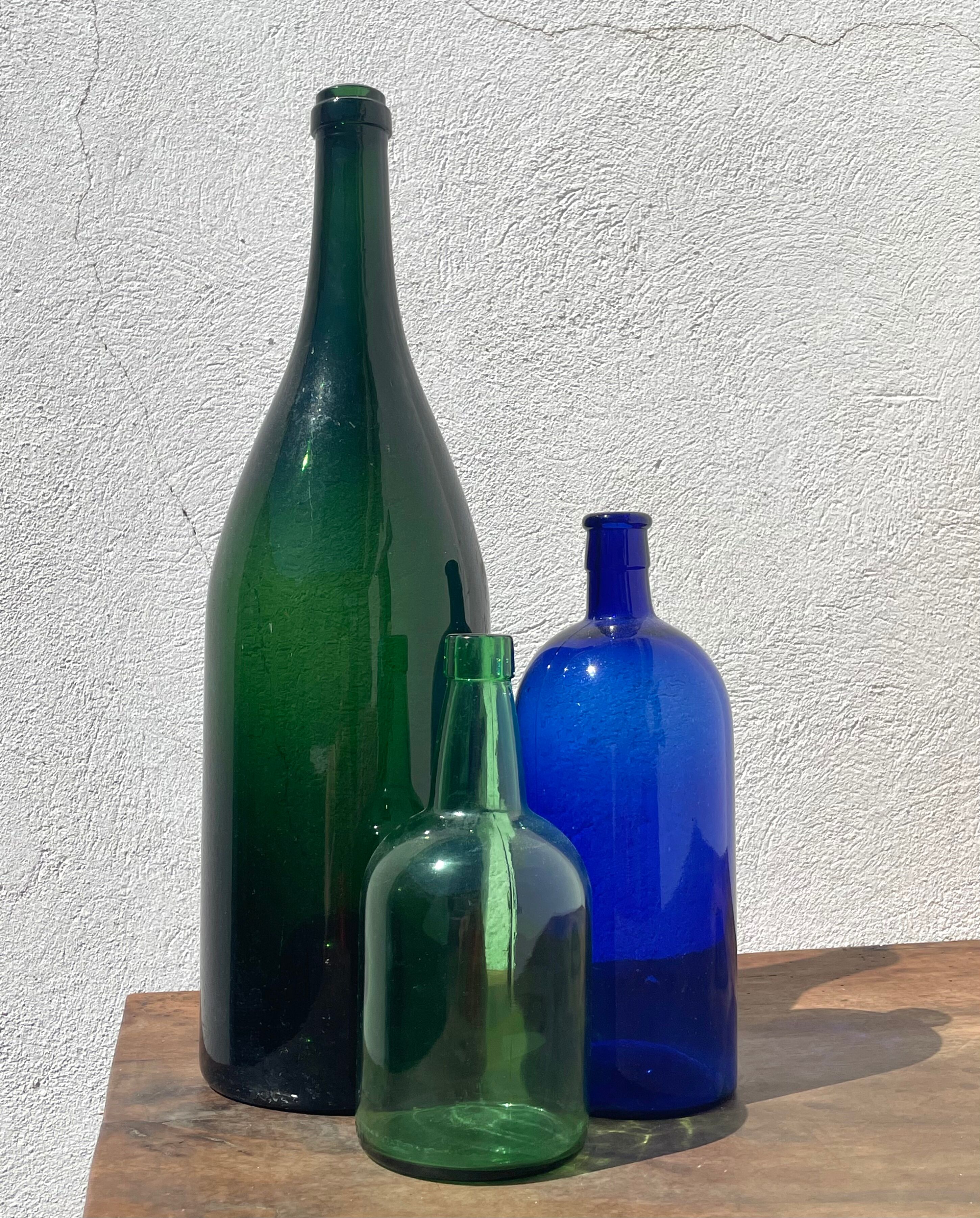 3x bouteilles en vert &bleu comme base pour lampes