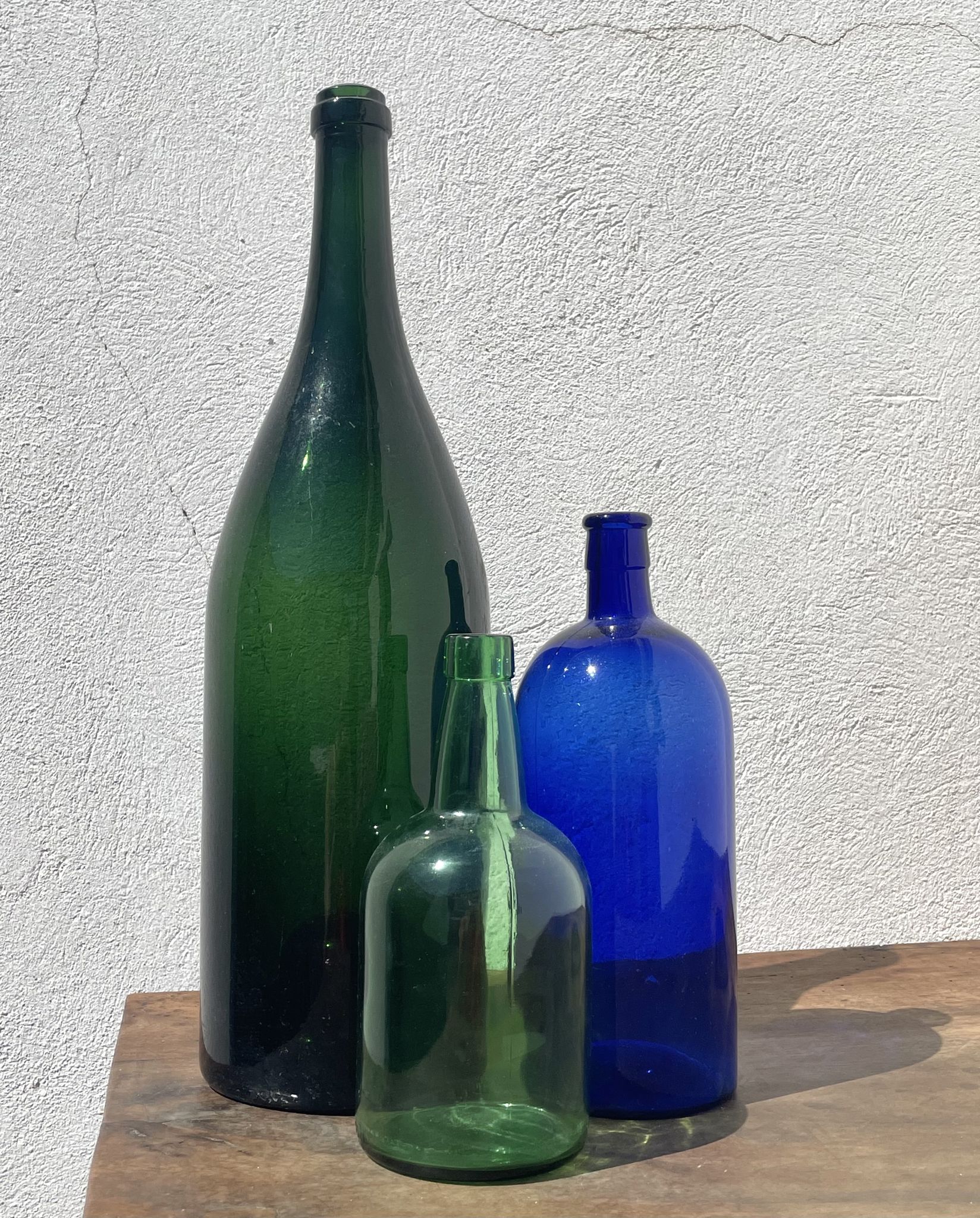 3x bouteilles en vert &bleu comme base pour lampes
