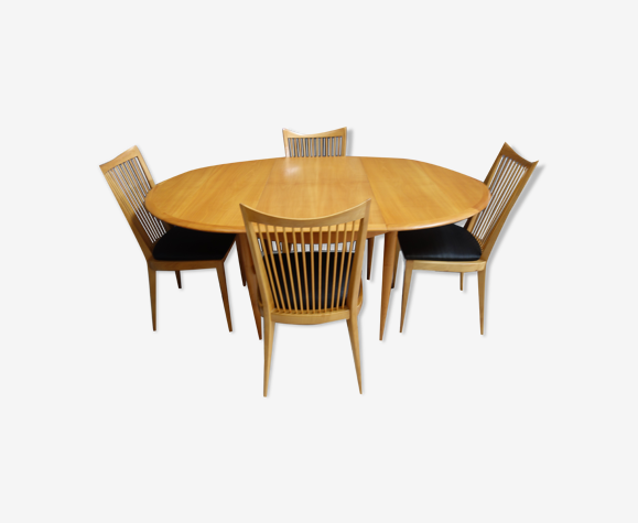Table en bois blond avec feuille de papillon et 4 chaises des années 1960