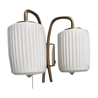 Scandinavian double lamps white opalin glass 1950