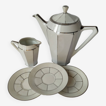 Service à café/thé art déco 1930 en porcelaine. Théière, pot à lait et 3 sous-tasses. Vintage.