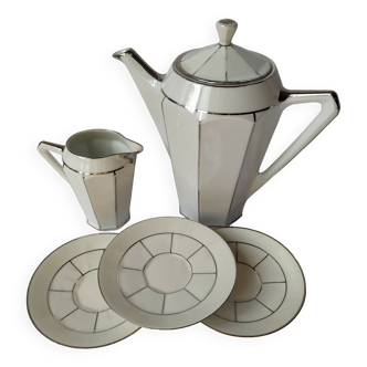 Service à café/thé art déco 1930 en porcelaine. Théière, pot à lait et 3 sous-tasses. Vintage.