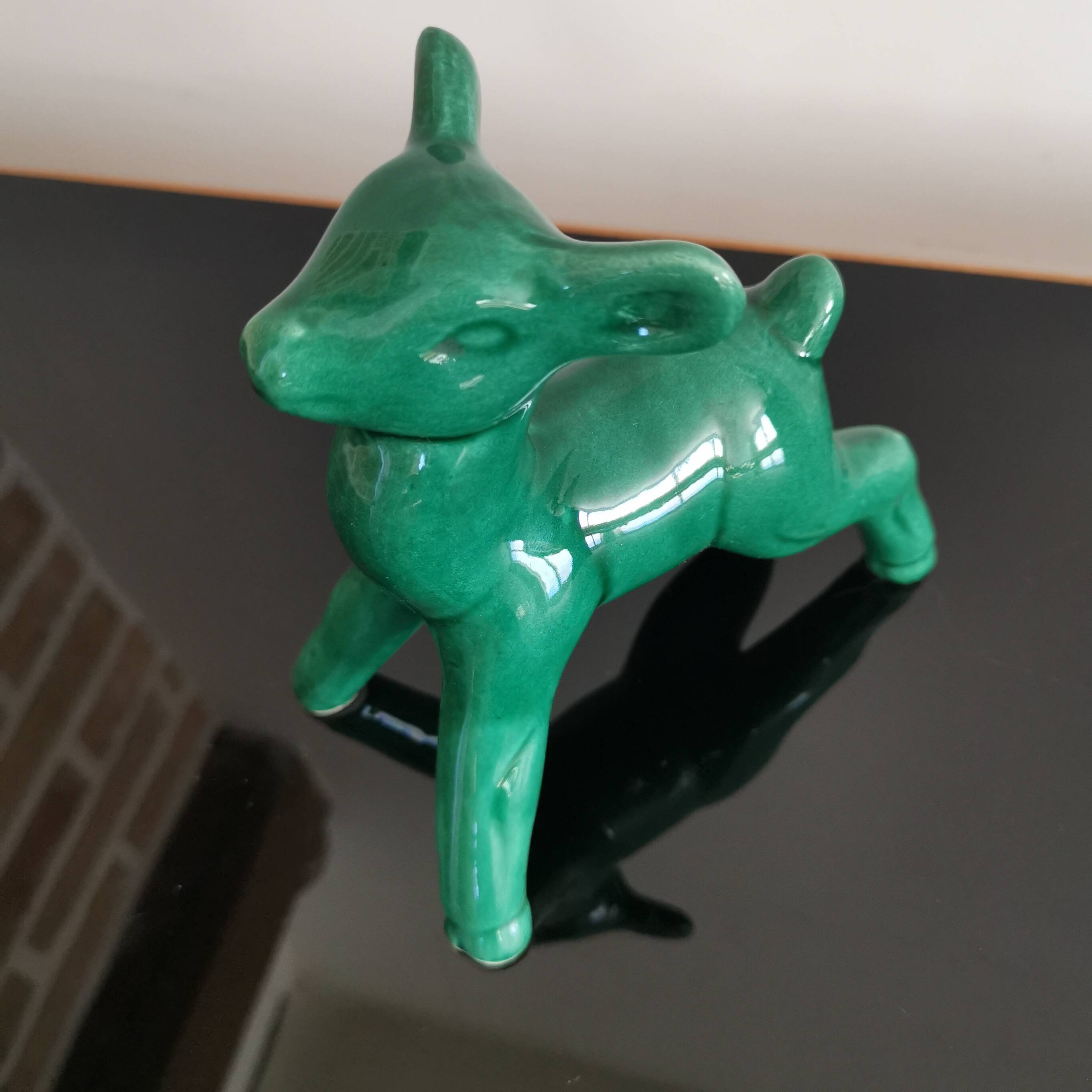 Vintage art deco green earthenware doe from the 60s