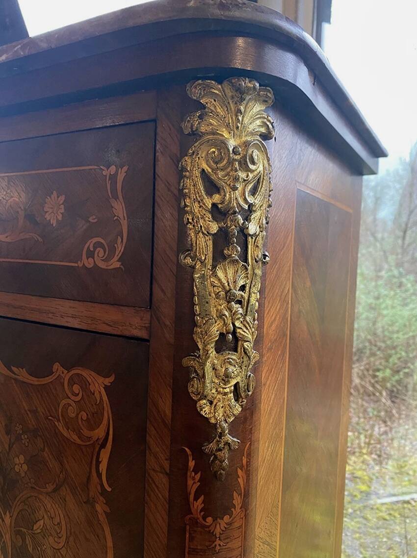 Inlaid wooden secretary, marble top. Napoleon III