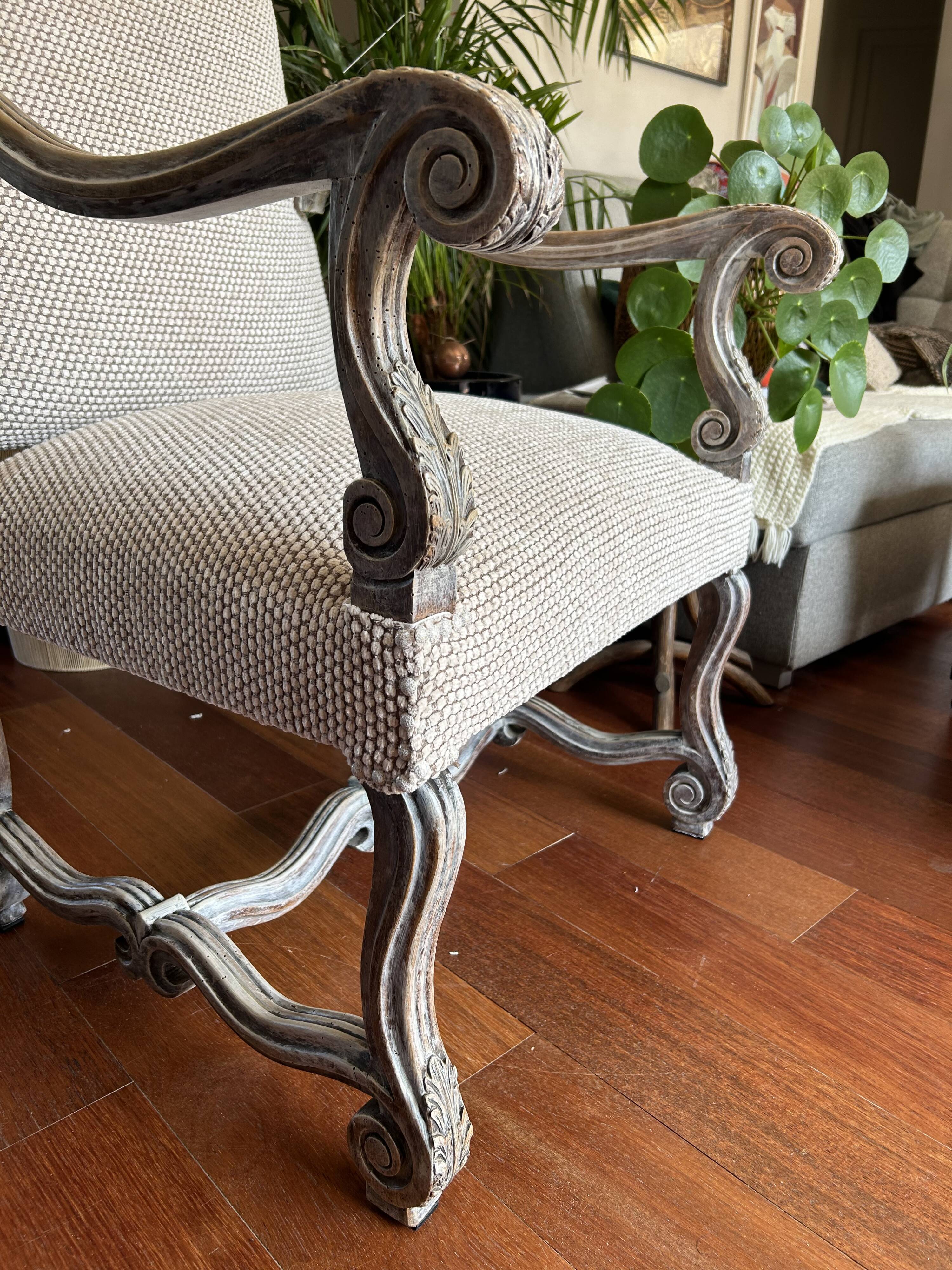 Restored Louis XIII armchair – textured beige fabric