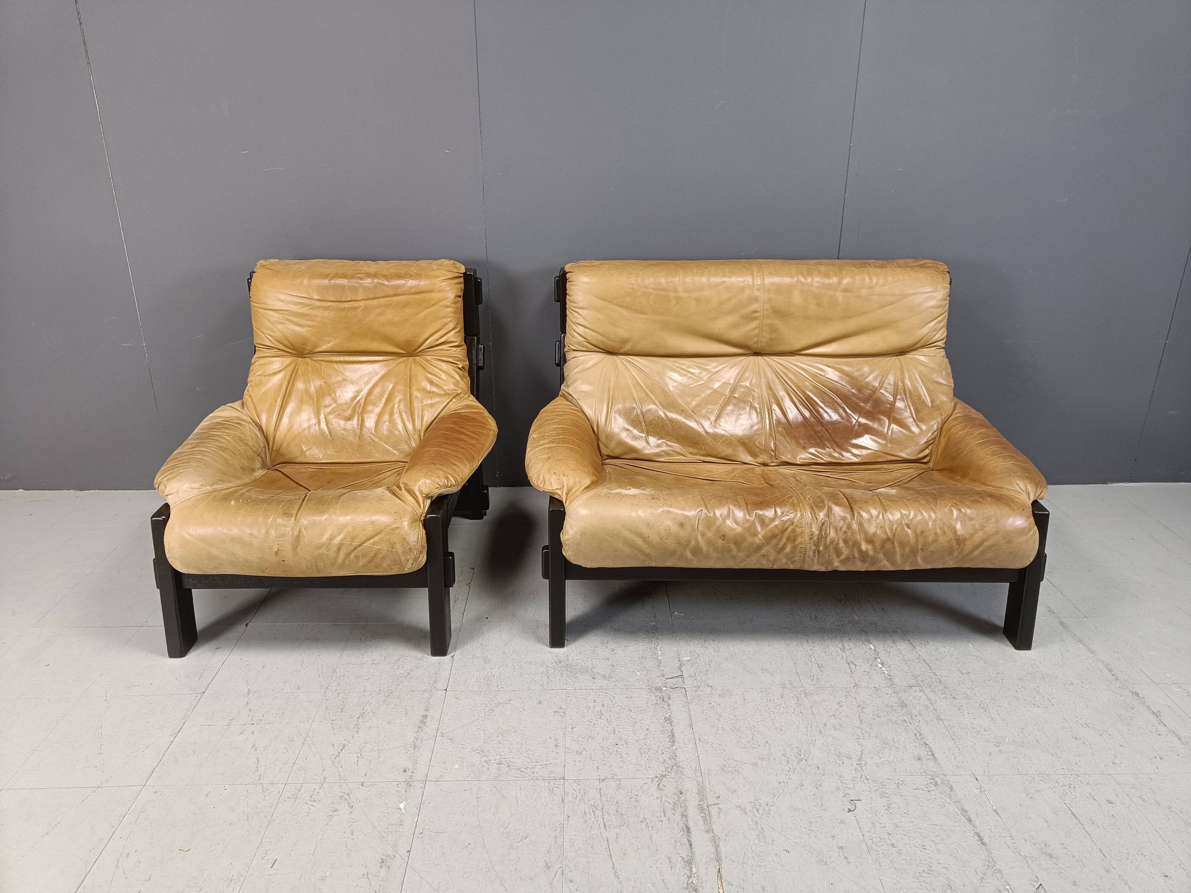 Vintage brown leather sofa set, 1960s