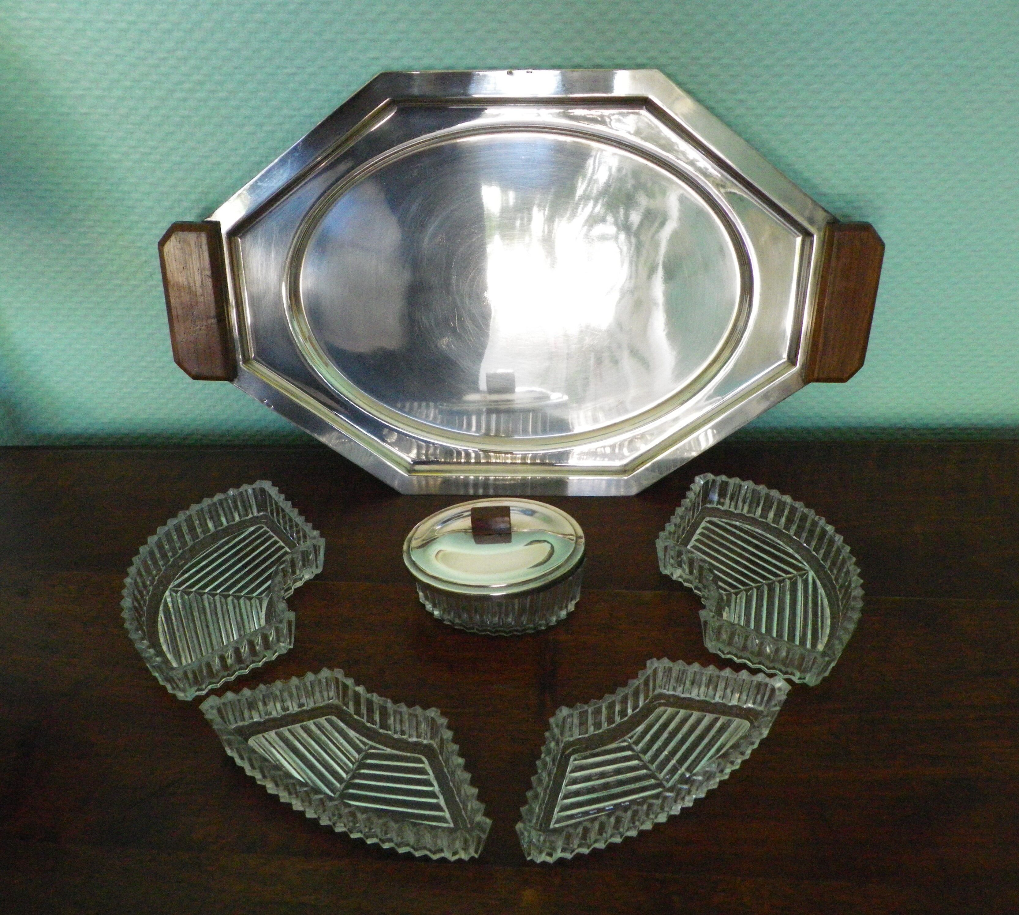 5-compartment thick glass servant - Silver metal with punch - Wooden handles - 1950/60