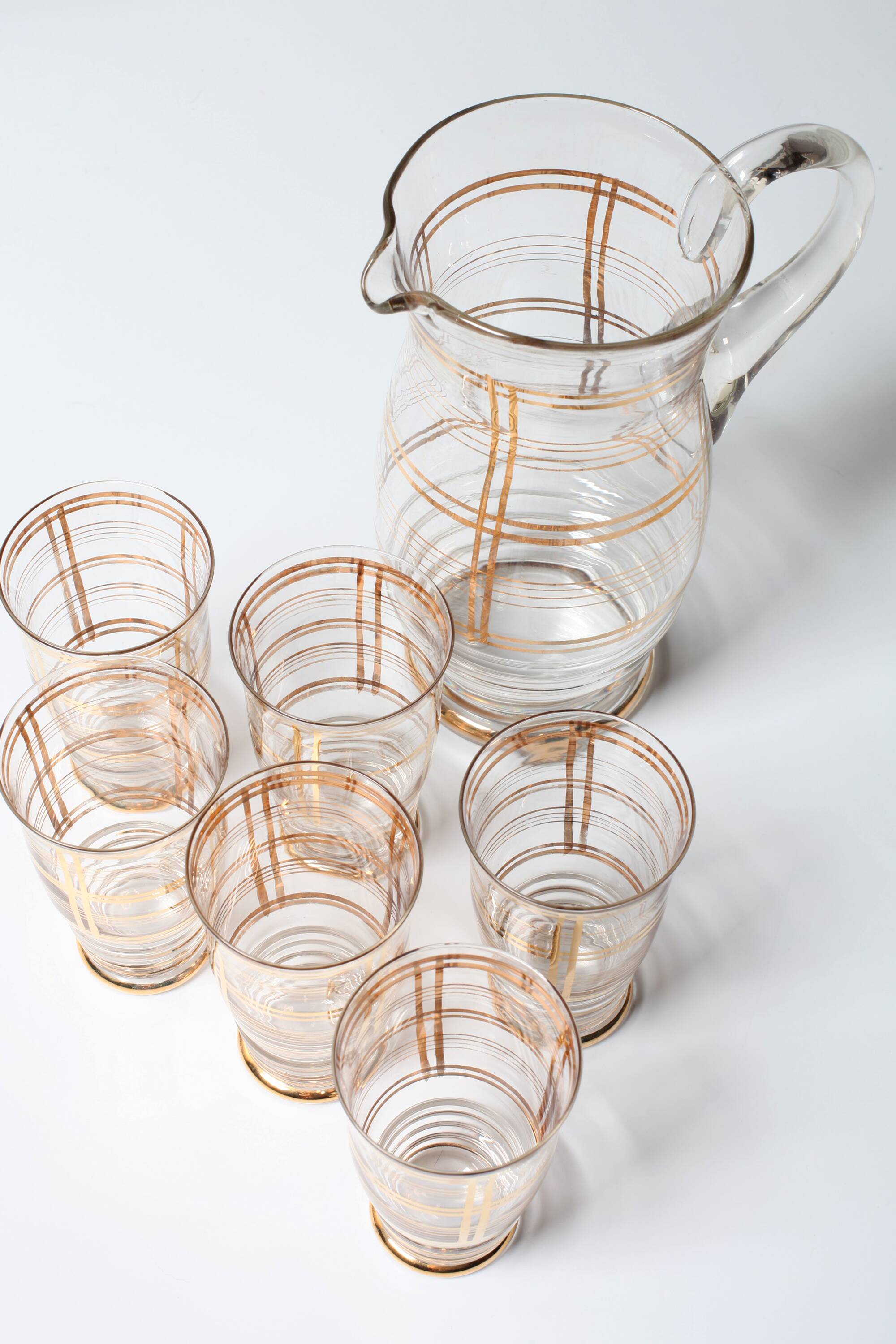 Mid-Century Italian Glass Pitcher & Six Glasses with Golden Details / Italy