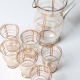 Mid-Century Italian Glass Pitcher & Six Glasses with Golden Details / Italy