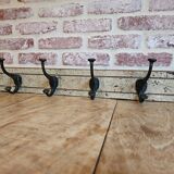 Solid teak coat hook with 4 double cast iron hooks