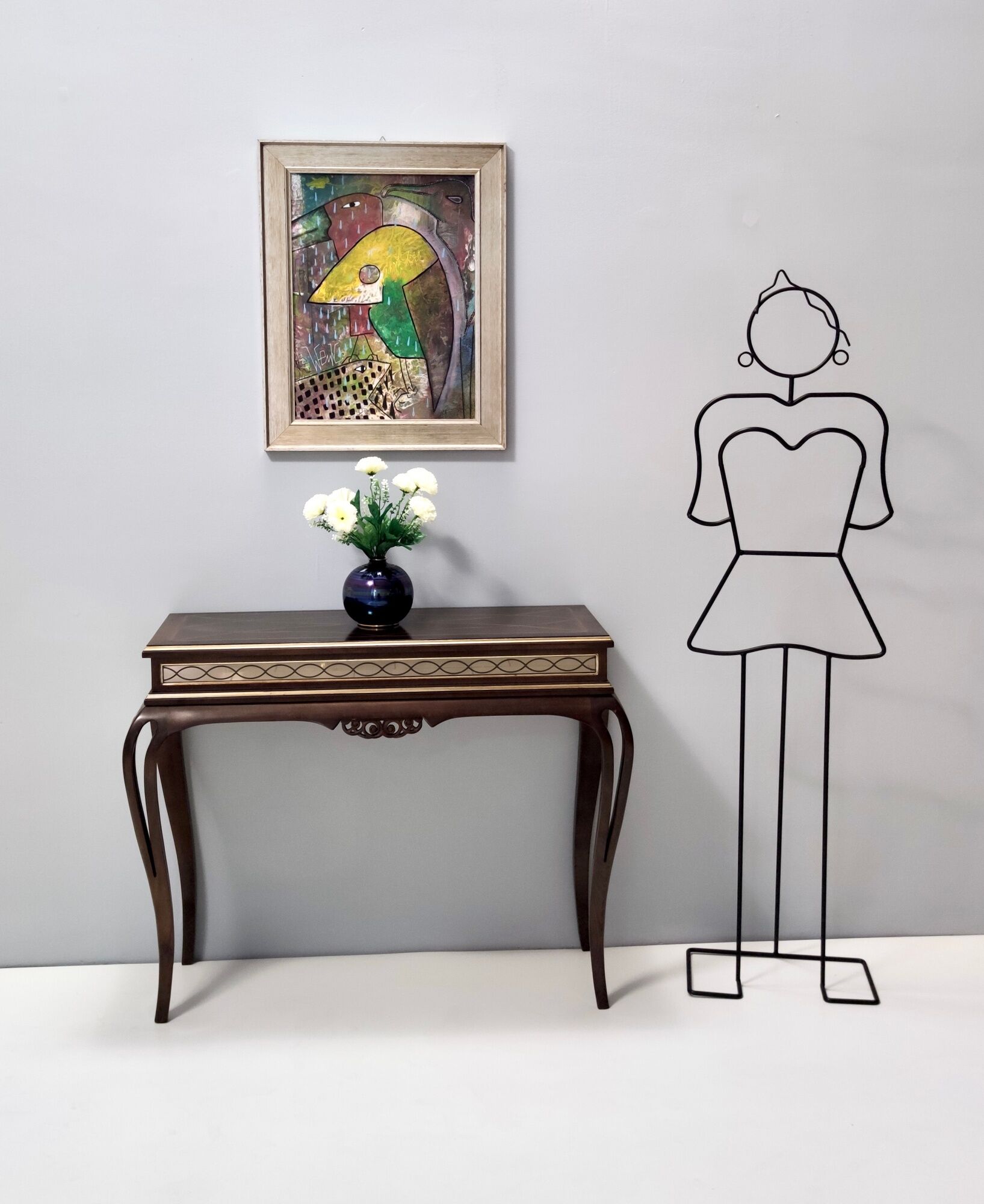 Vintage Rectangular Solid Walnut Console Table with Engraved Mirror Motif, Italy