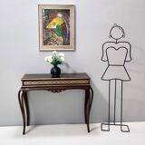 Vintage Rectangular Solid Walnut Console Table with Engraved Mirror Motif, Italy