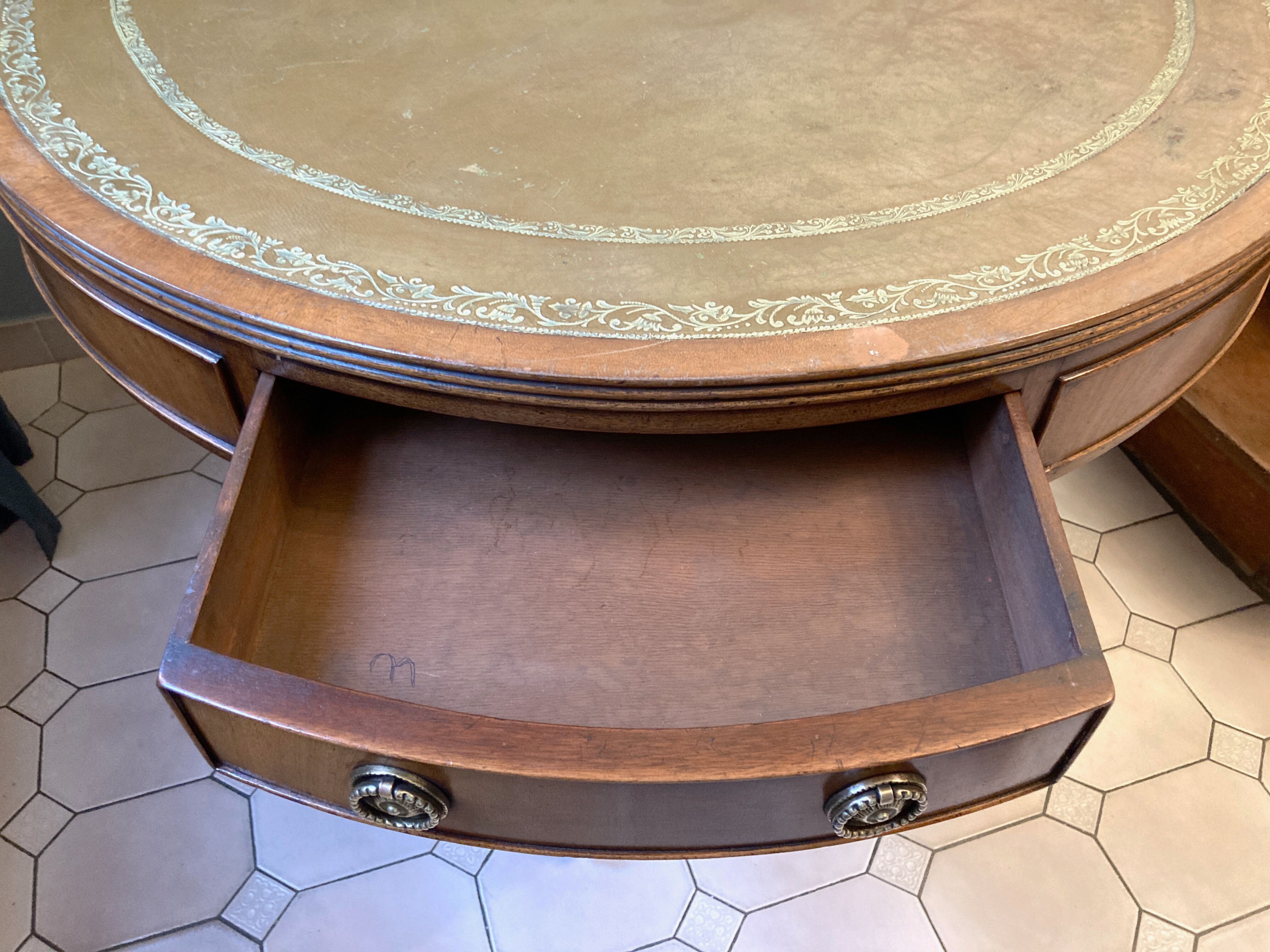 Old drum table 1900 cherry leather and brass