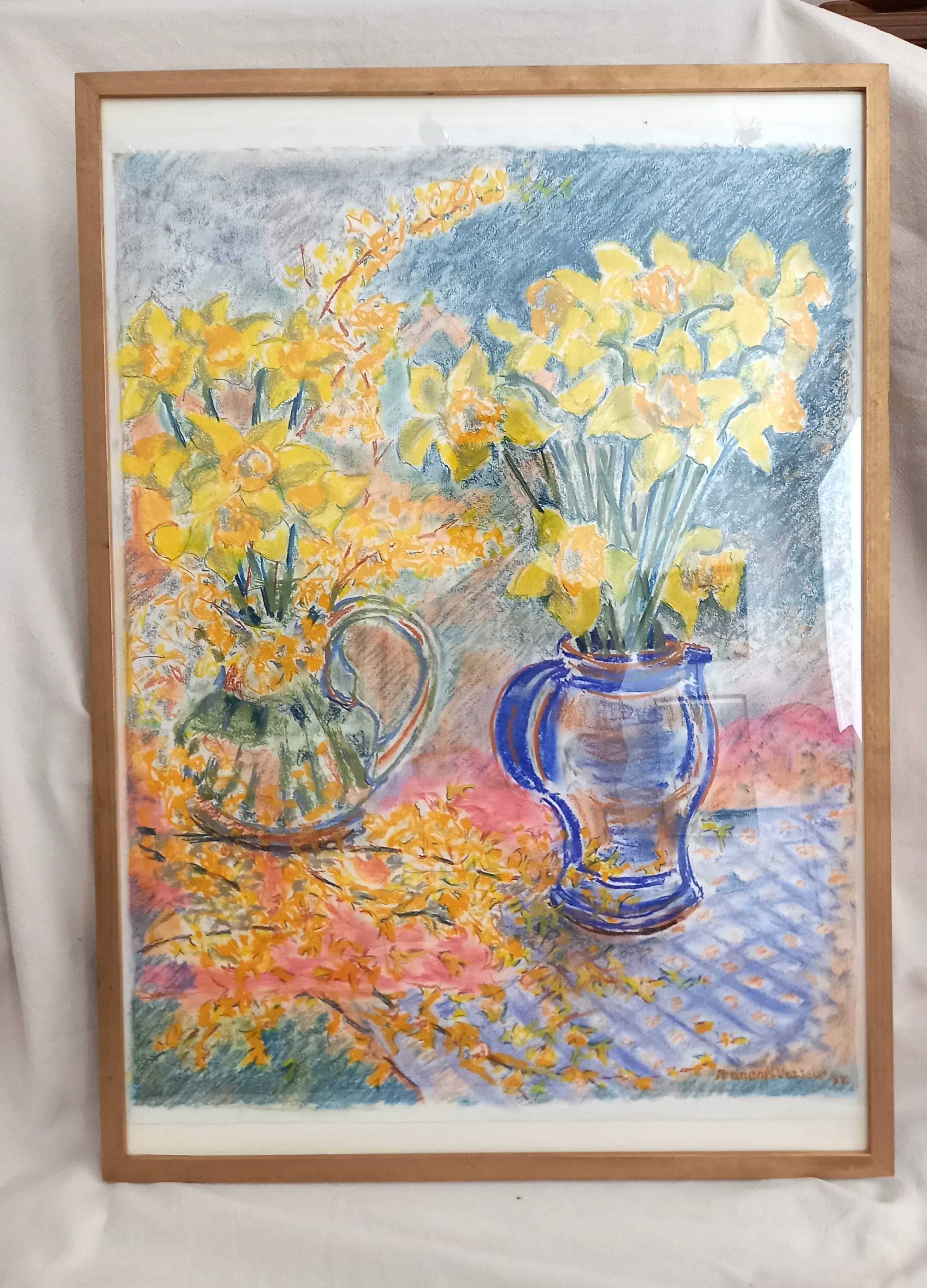 Still life in pastel, bouquet of flowers, spring, daffodils