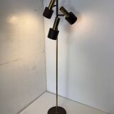 Lampadaire vintage moderniste marron et laiton à 3 spots, années 1960