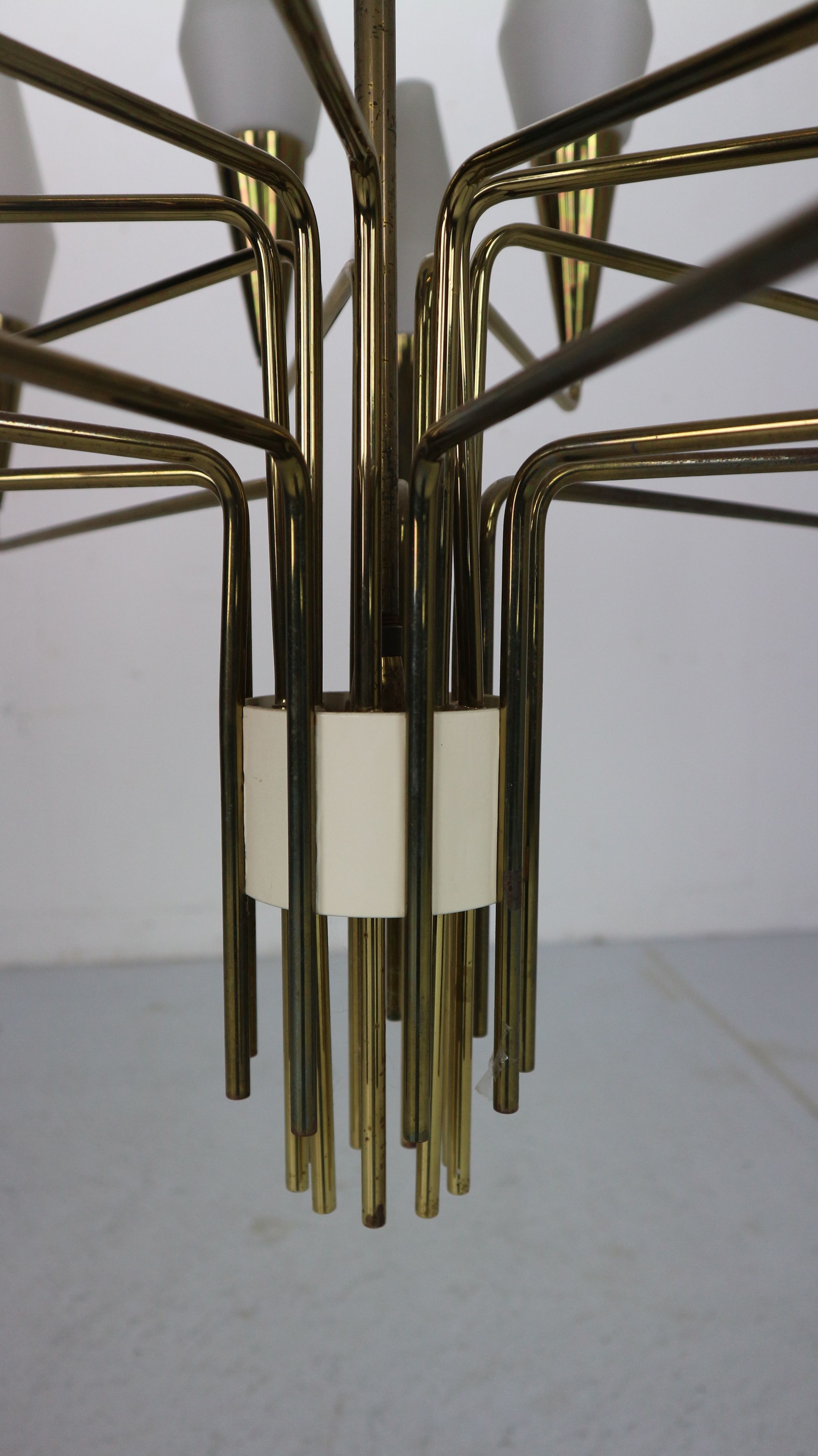 Italian mid-century modern brass and opaline glass chandelier, 1960