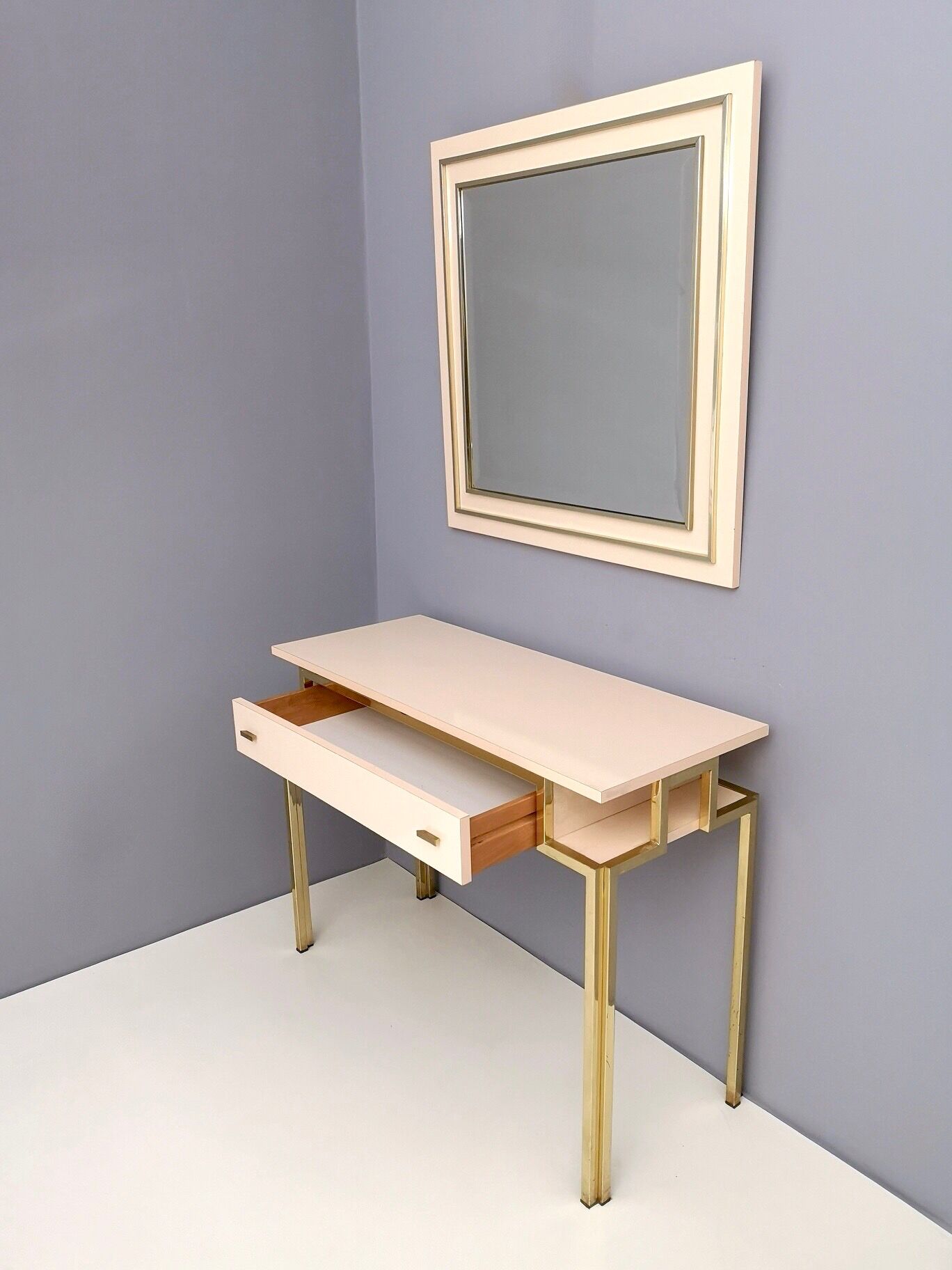 Postmodern pale pink formica and brass console with wall mirror, italy