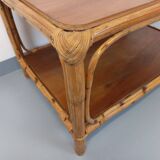 Table basse vintage en rotin et bois