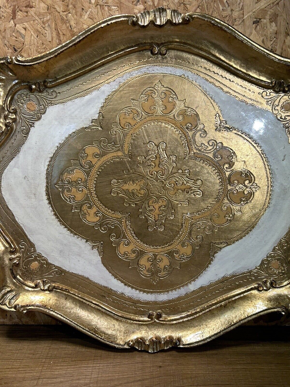 Old florentine tray painted wood, gilded, vintage 60,70