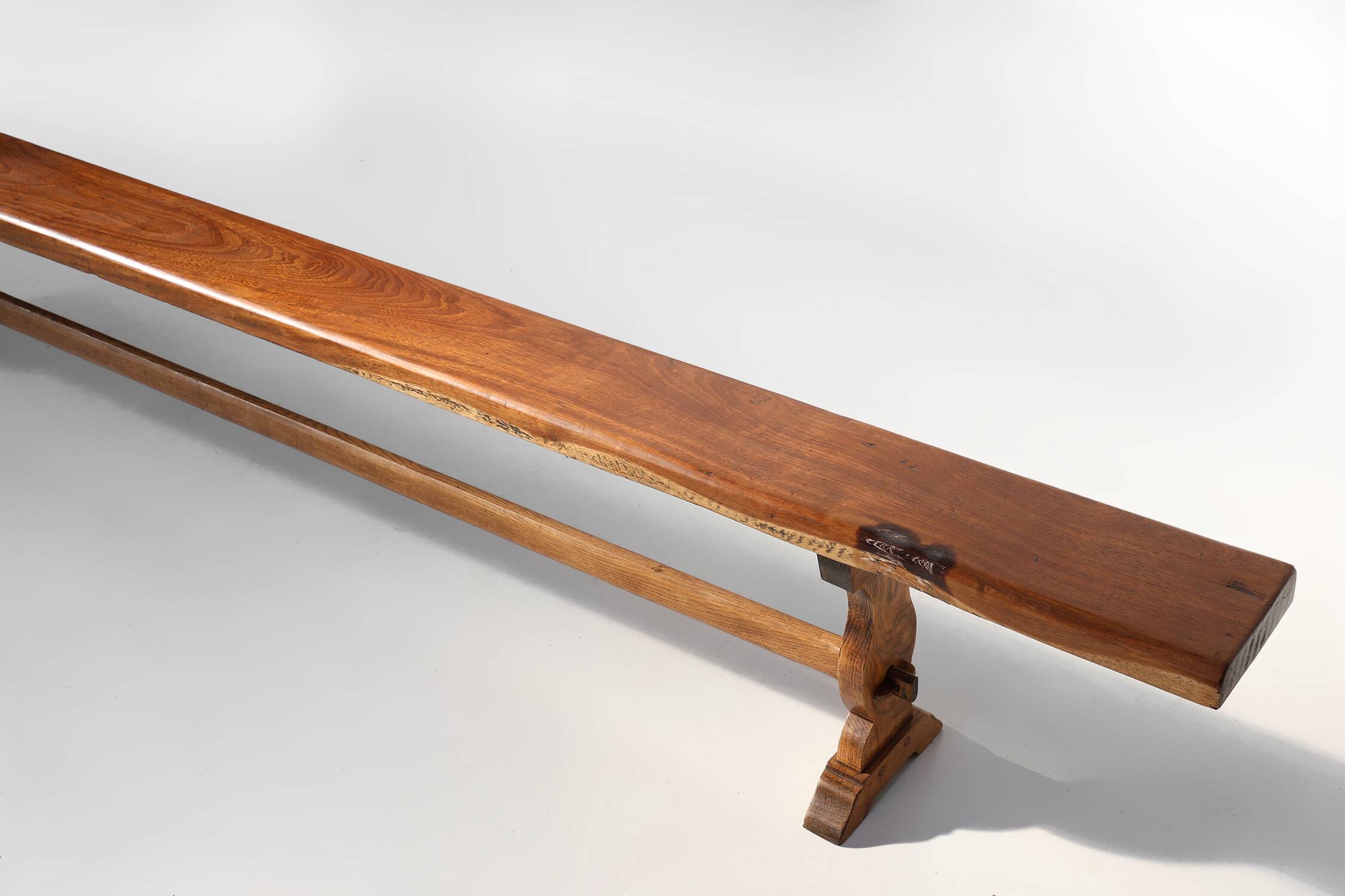French Extra long solid elm wooden monastery bench, ca. 1850