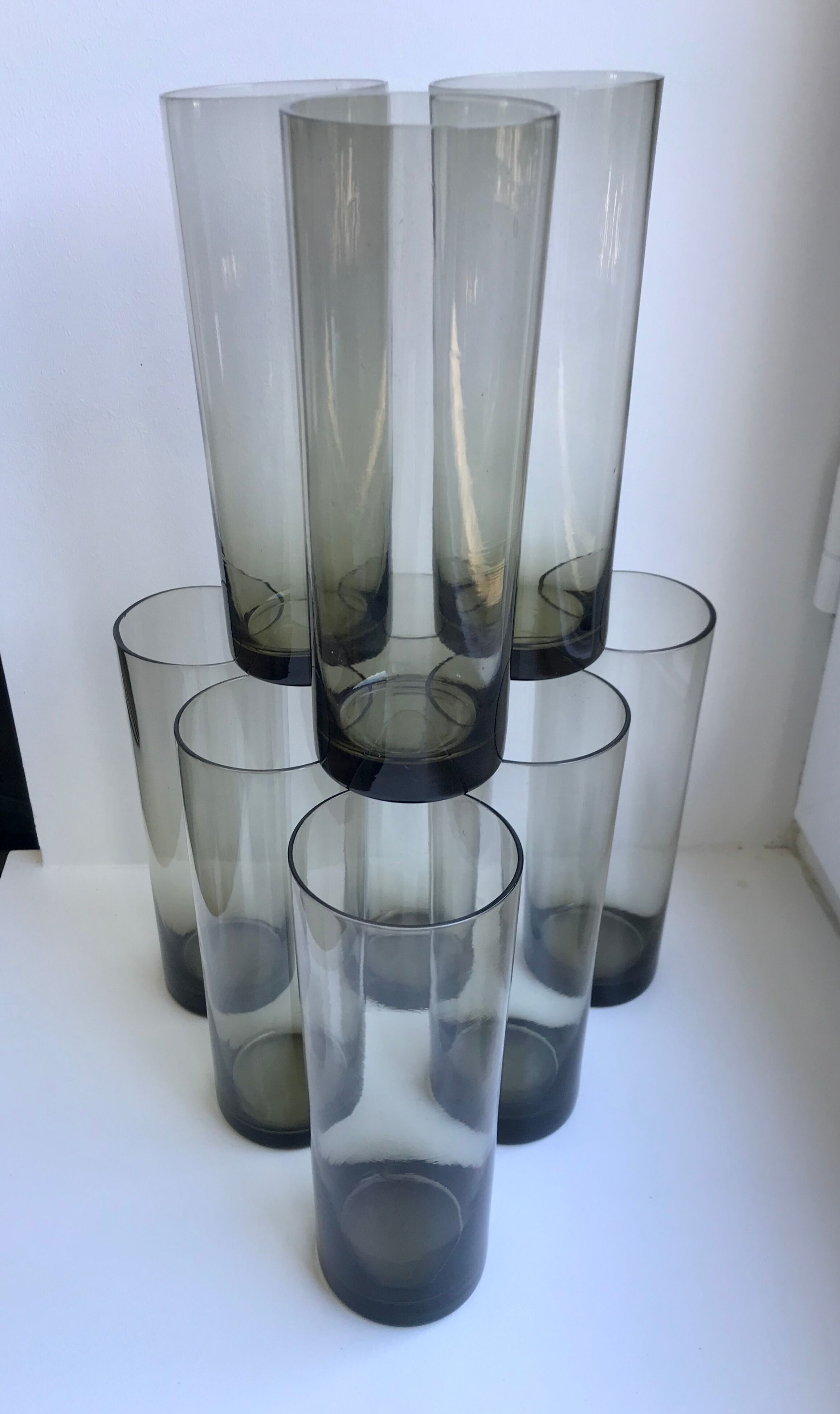 Set of 9 very large glasses in smoked glass 70s