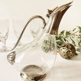 Ewer, decanter in silver-plated metal and glass