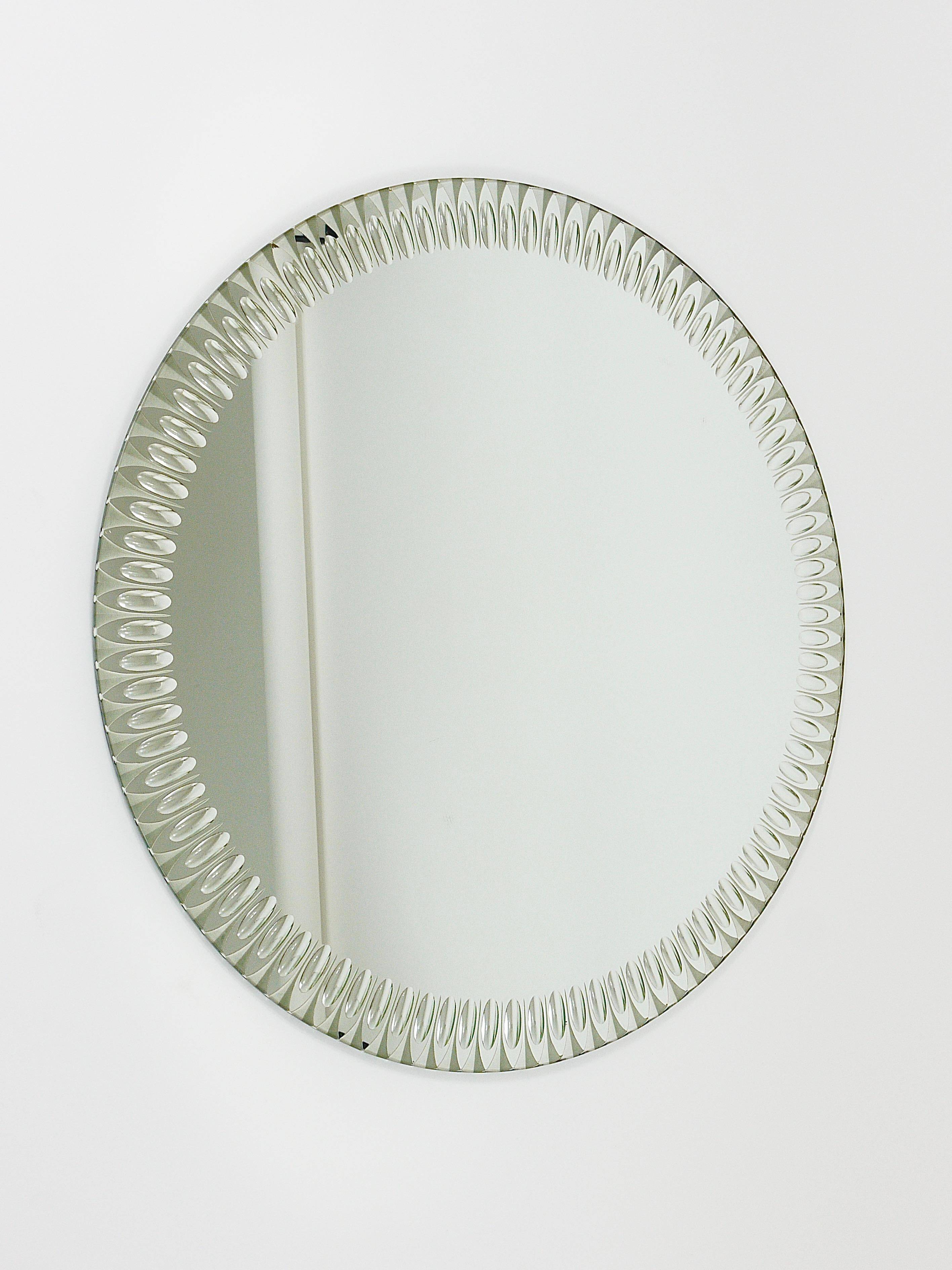 Miroir Mural Rond Facetté Effet Optique Cristal Arte Exceptionnel, Italie, Années 1960