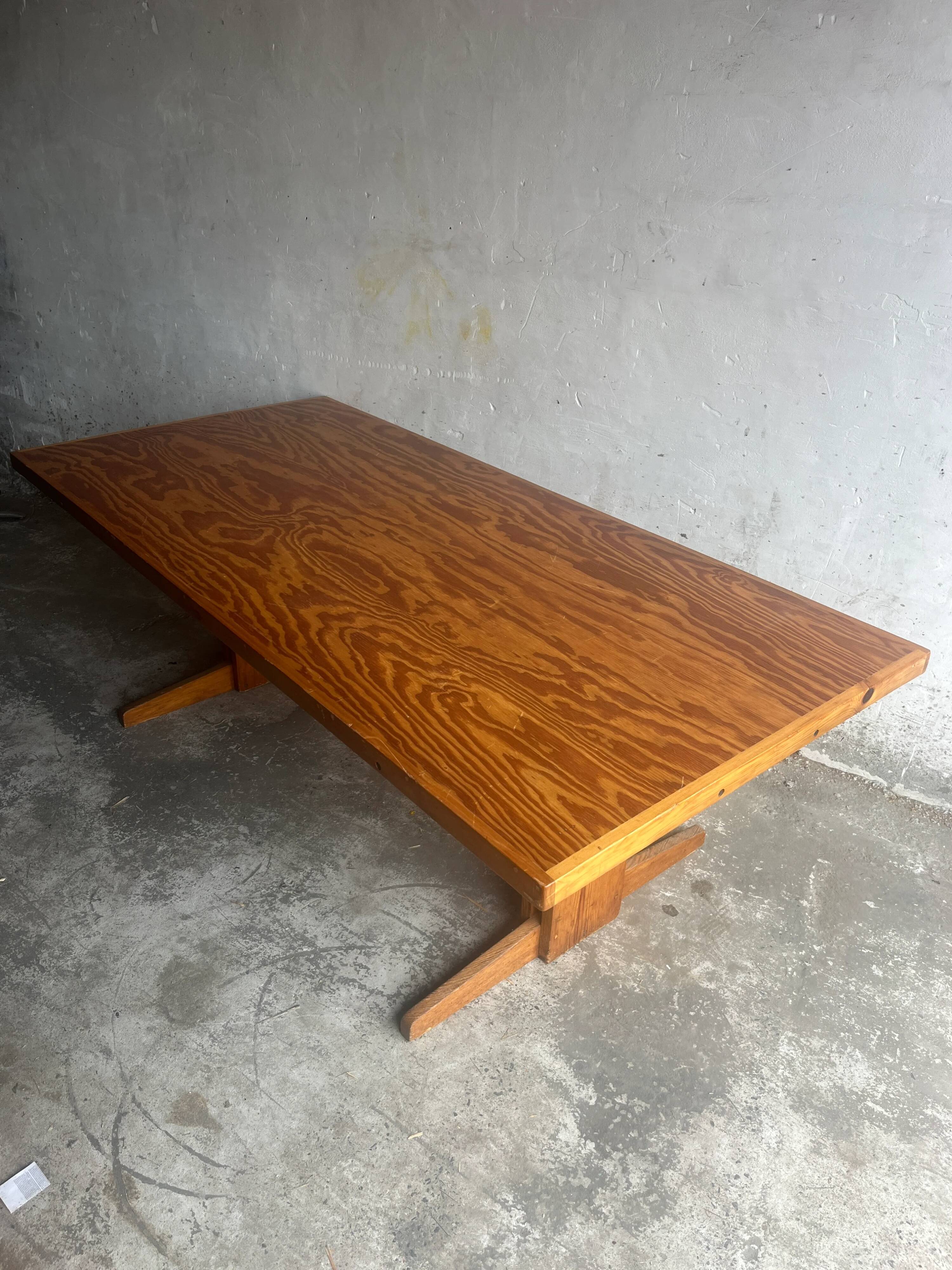 Brutalist Honey-Brown Pine Trestle Dining Table,  1970s France