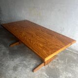 Brutalist Honey-Brown Pine Trestle Dining Table,  1970s France