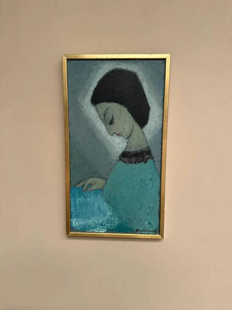 Original Swedish oil on canvas – "Lady" by Helge Holmlund – Signed – vintage and framed – 65 × 36.5 cm (25.6" × 14.4")
