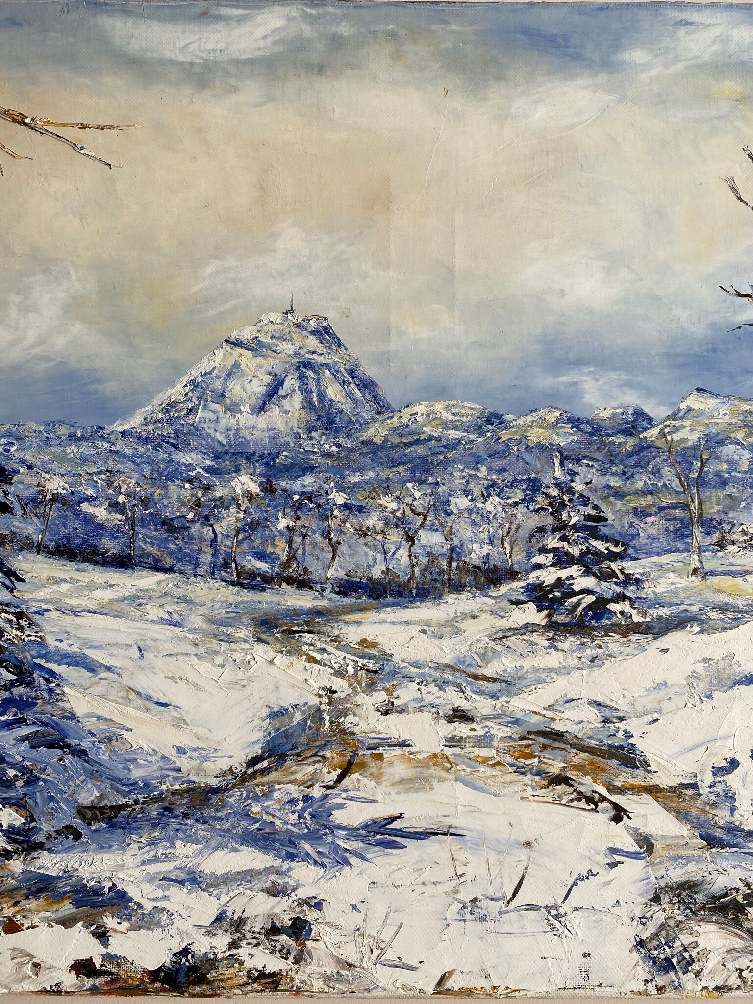 Ancient painting, winter landscape in Auvergne, signed, 20th century
