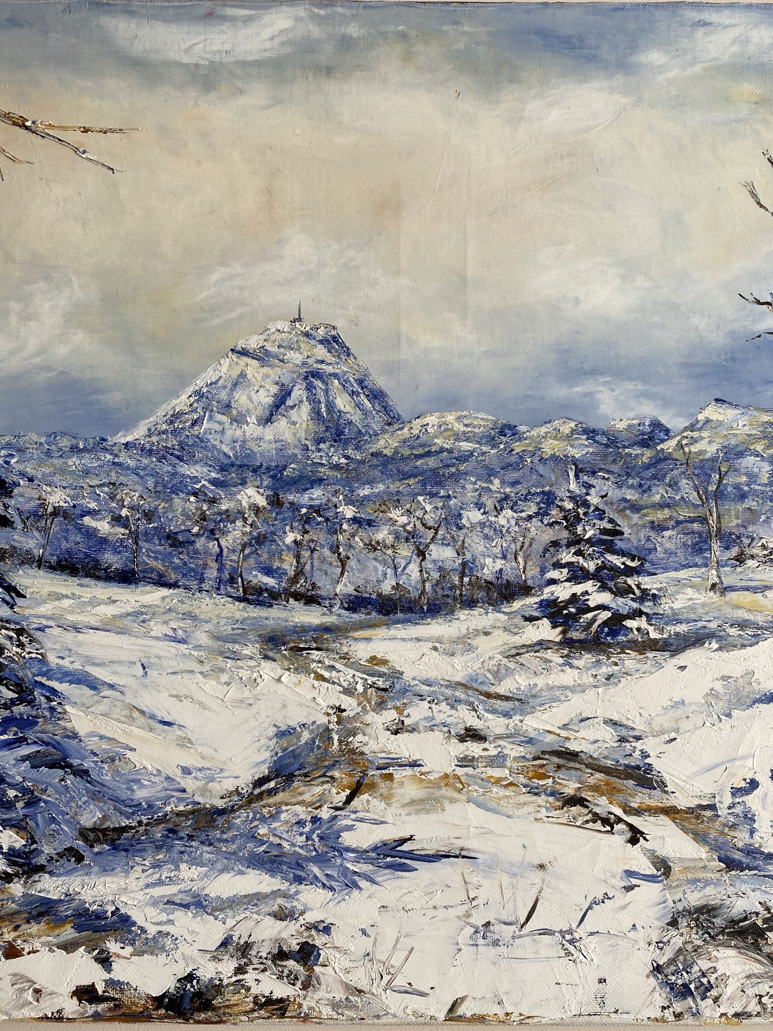 Ancient painting, winter landscape in Auvergne, signed, 20th century
