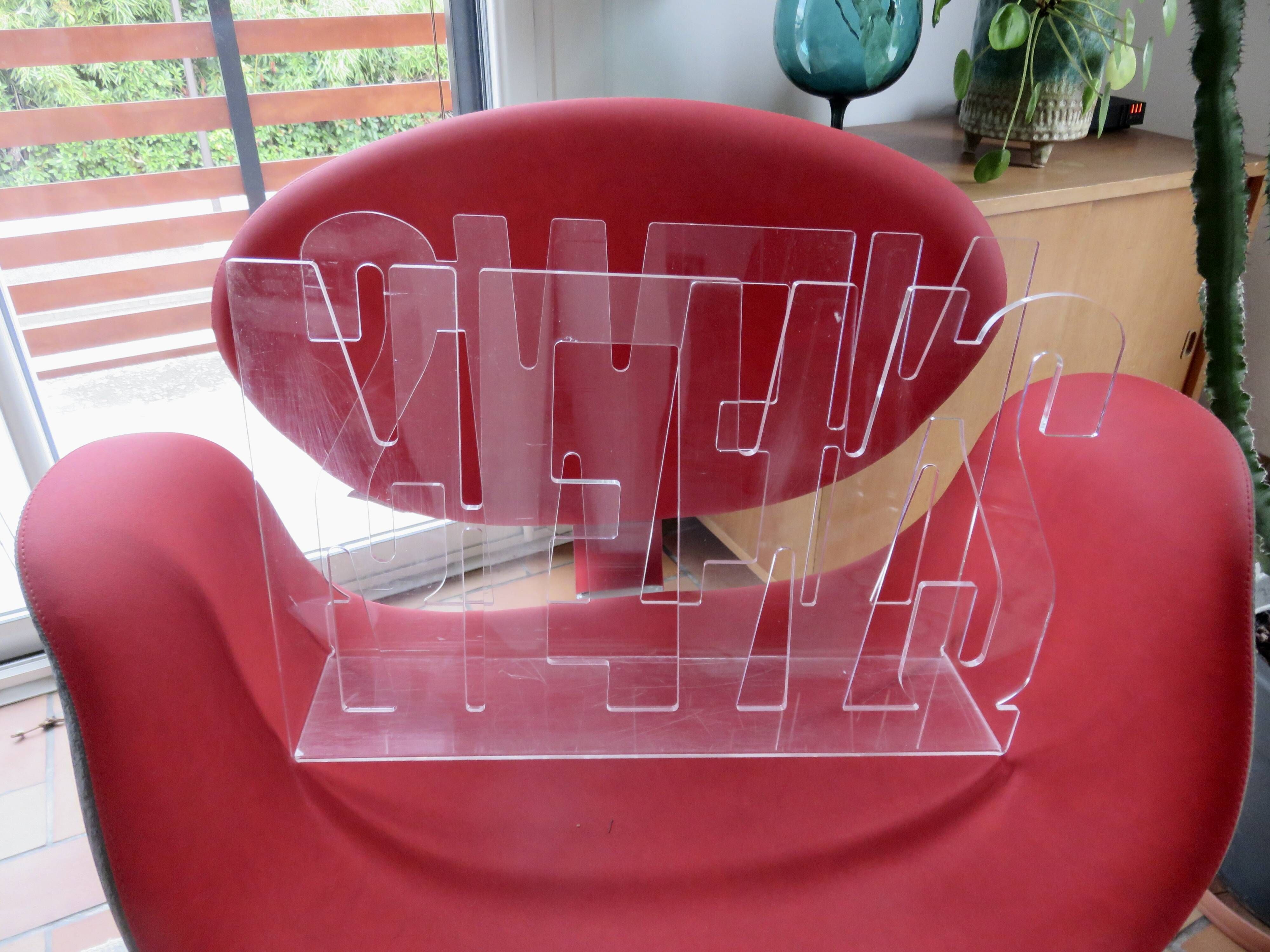 "News" magazine rack in transparent plexiglass, 1980s, vintage.