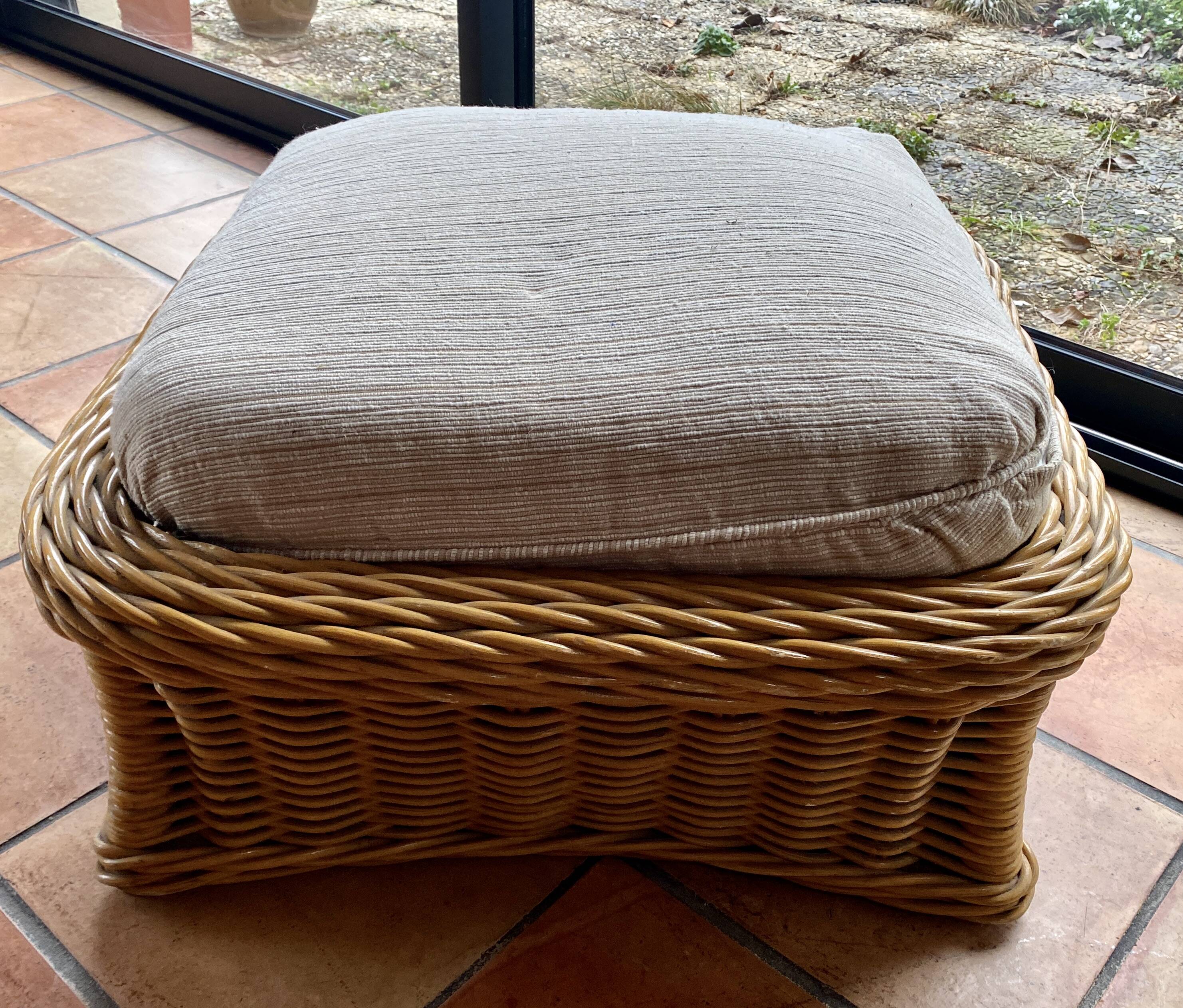 Square pouf or footstool in rattan