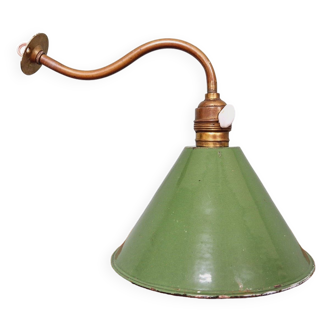 Industrial wall light in brass and green enameled sheet metal