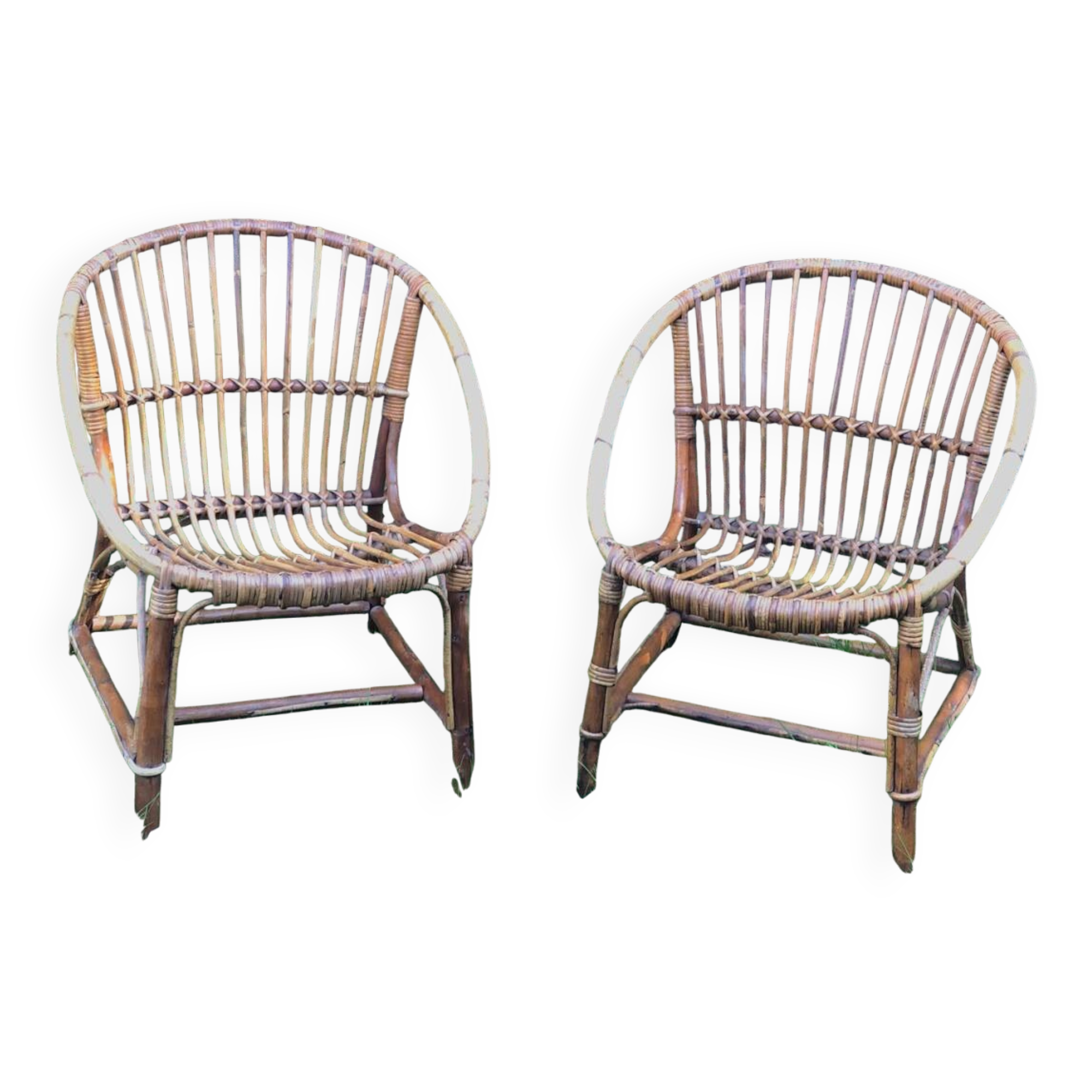 Pair of shell armchairs in rattan 1960