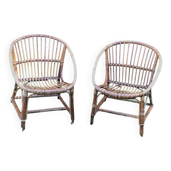 Paire de fauteuils coquille en rotin 1960