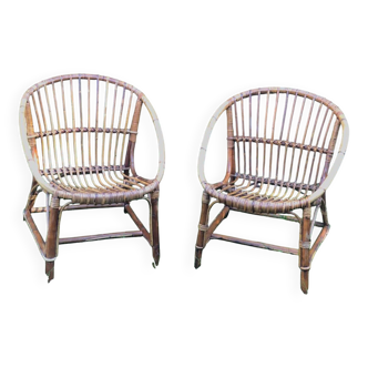 Pair of shell armchairs in rattan 1960