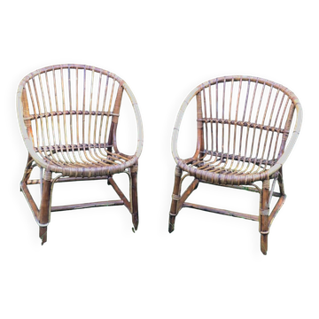 Pair of shell armchairs in rattan 1960