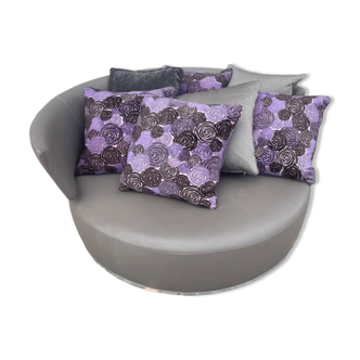 ROUND ROTATING SOFA IN LEATHER WITH 6 CUSHIONS