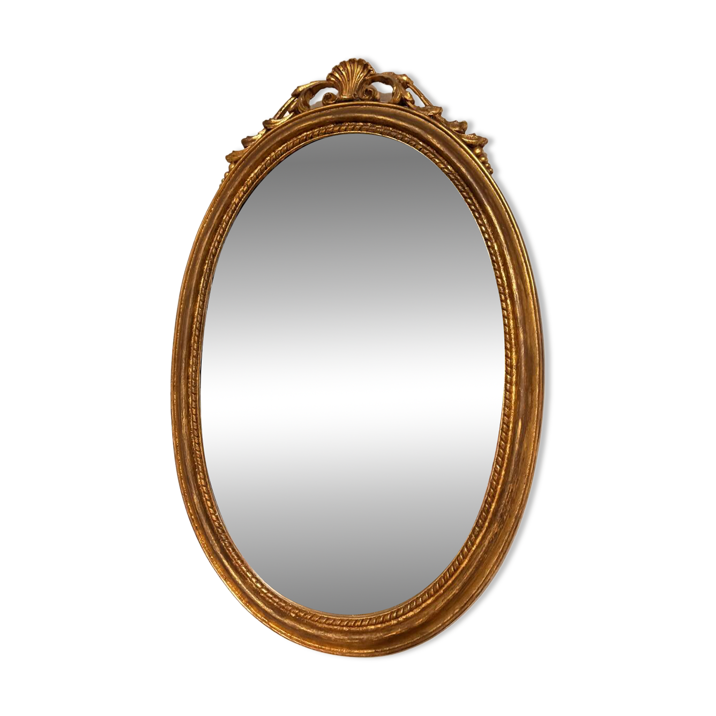 Antique Oval Round Golden Mirror in Wood Louis XVI Style Rocaille Pediment