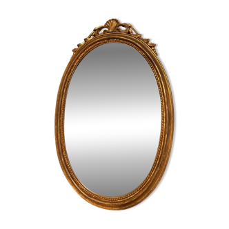 Antique Oval Round Golden Mirror in Wood Louis XVI Style Rocaille Pediment