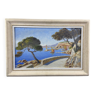 Tableau signé Xavier SAGER 1881-1969 Route de Nice vue sur port