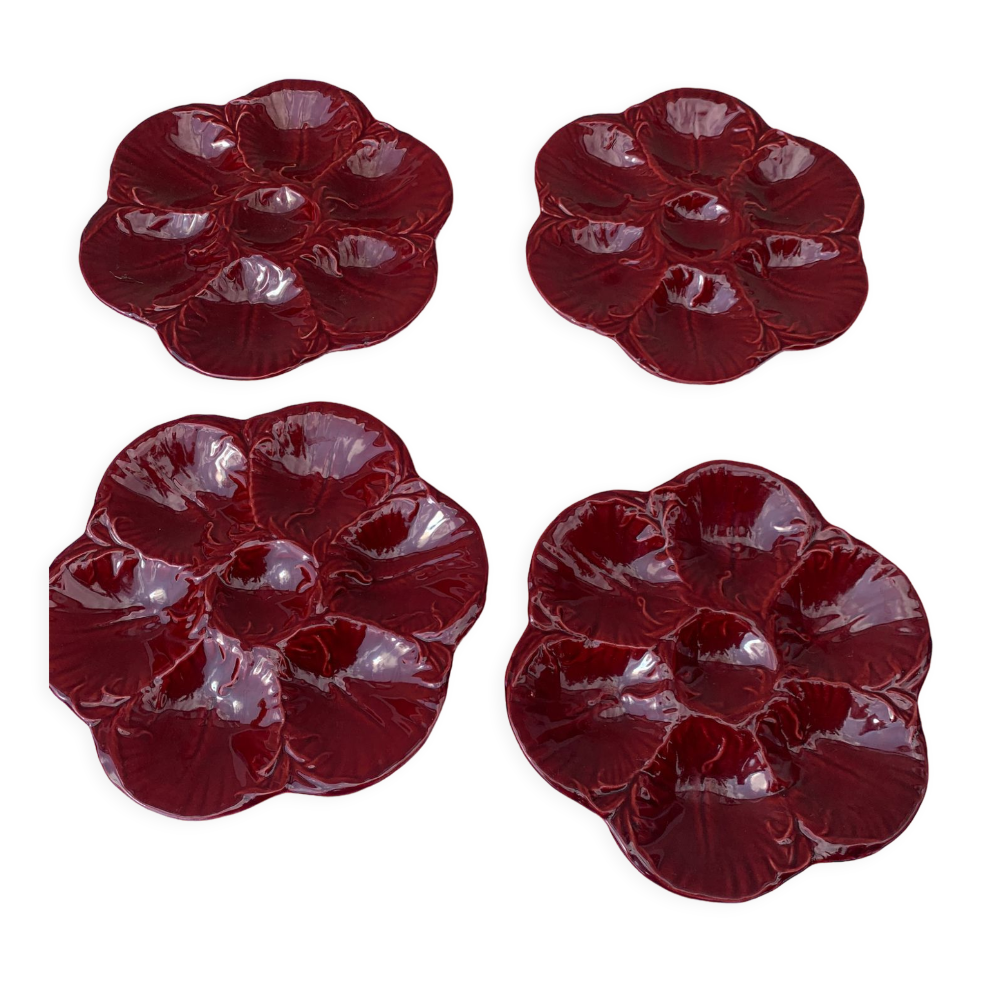4 oyster plates in vintage red glazed ceramic slip and collector