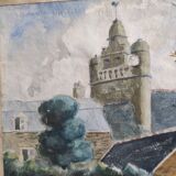 Aquarelle française d'un village avec une église, signée Vellat, 1929
