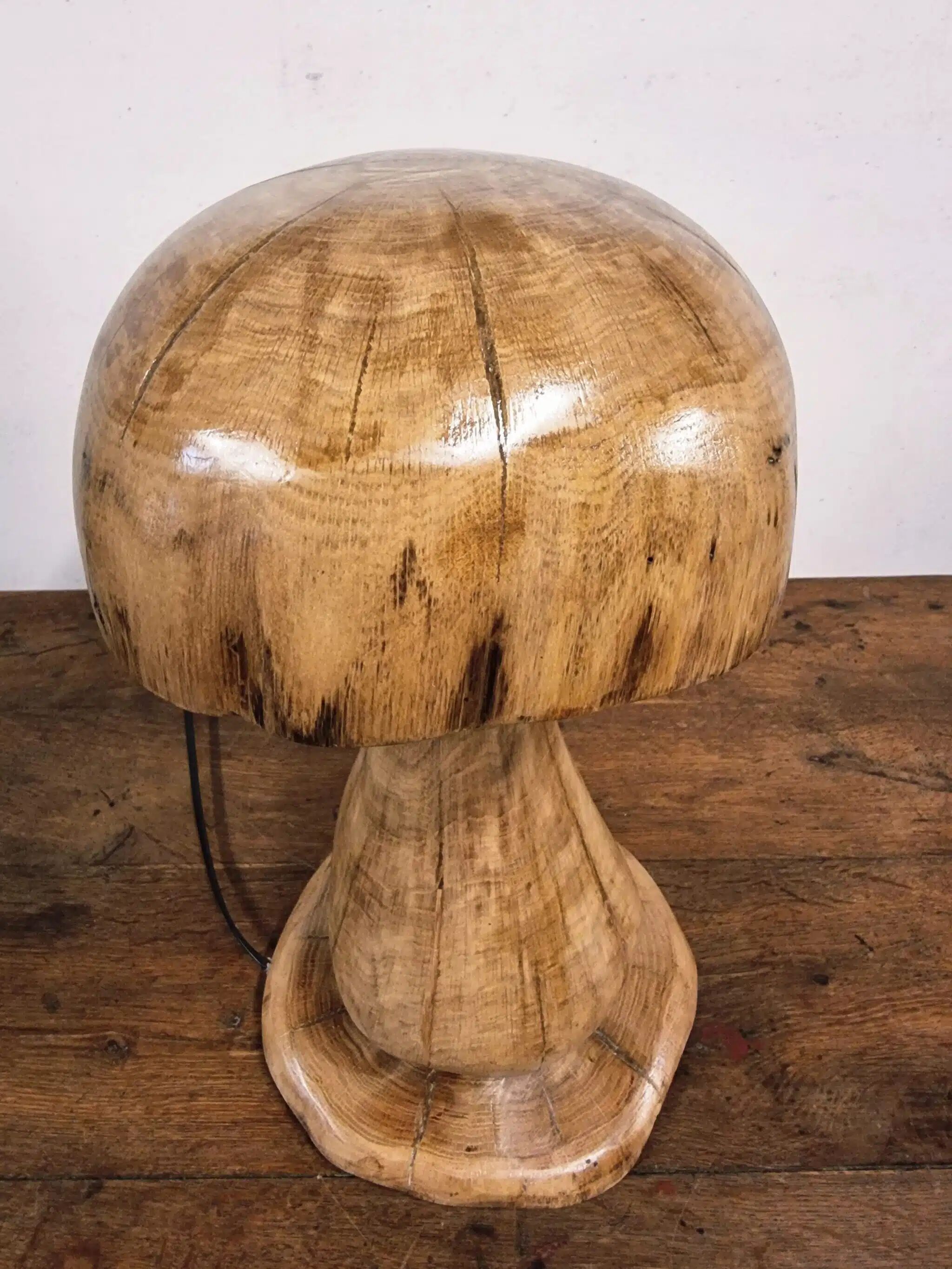 Hand-carved oak table lamp in the shape of a mushroom