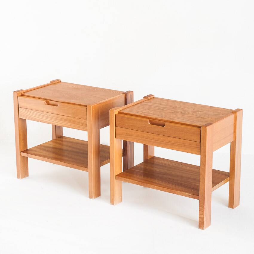 Pair of vintage bedside tables. Elm wood. France, 1970s