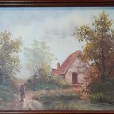 Old oil painting on canvas, country house, dark solid wood frame, mid-century